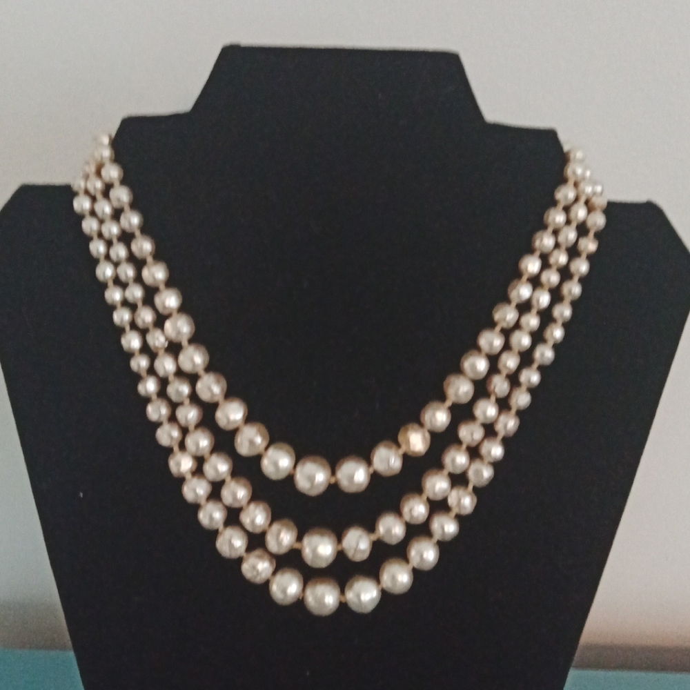 Vintage Three Strand Graduated Faux Pearl Necklace - 1950s  - Ivory